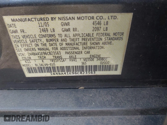 2006 Nissan Maxima SE with VIN 1N4BA41E96C823563, listed as a IAAI auction lot 42576331 with 204,896 mi miles and . Bid and sale history available at DreamBid. Image 9.