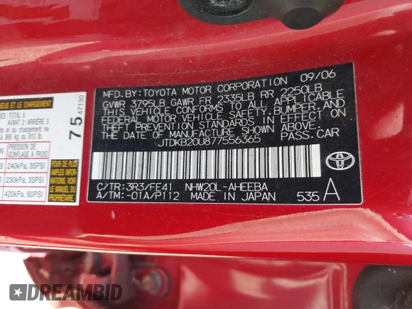 2007 Toyota Prius with VIN JTDKB20U877556365, listed as a IAAI auction lot 42108418 with 189,059 mi miles. Bid and sale history available at carsss.com. Image 9.
