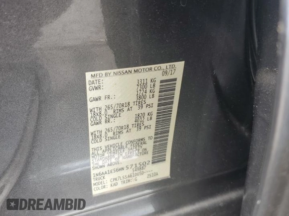 2017 Nissan Titan Platinum Reserve z VIN 1N6AA1E56HN571502, wystawiony jako Copart lot #56751155 z przebiegiem 105 017 mil mil oraz Szkoda całkowita • Salvage title. Historia ofert i sprzedaży dostępna na DreamBid. Obrazek 12.