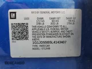 2020 Chevrolet Sonic LT with VIN 1G1JD5SB5L4143407, listed as a Copart auction lot 59686985 with 74,062 mi miles and Salvage title. Bid and sale history available at DreamBid. Image 13.