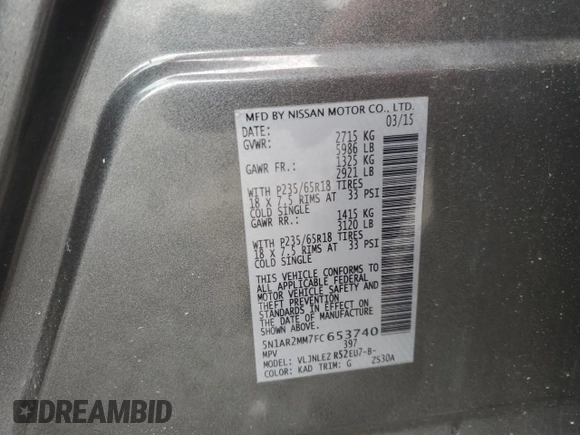 2015 Nissan Pathfinder SV with VIN 5N1AR2MM7FC653740, listed as a Copart auction lot 51338395 with 197,668 mi miles and Salvage Title. Bid and sale history available at carsss.com. Image 13.