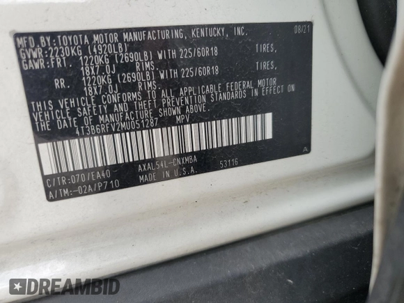 2021 Toyota RAV4 Hybrid LE z VIN 4T3B6RFV2MU051287, wystawiony jako Copart lot #58746095 z przebiegiem 55 017 mil mil oraz Szkoda całkowita • Salvage title. Historia ofert i sprzedaży dostępna na DreamBid. Obrazek 13.