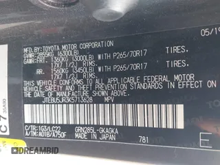 2019 Toyota 4Runner SR5 with VIN JTEBU5JR3K5713628, listed as a IAAI auction lot 42003303 with 65,026 mi miles and . Bid and sale history available at DreamBid. Image 9.
