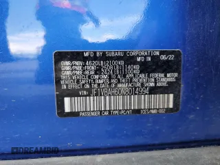 2022 Subaru WRX Premium with VIN JF1VBAH60N8014994, listed as a Copart auction lot 58999515 with 24,375 mi miles and Salvage title. Bid and sale history available at DreamBid. Image 13.