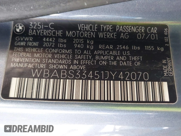 2001 BMW 3 Series 325Ci with VIN WBABS33451JY42070, listed as a IAAI auction lot 42743006 with 177,988 mi miles and . Bid and sale history available at DreamBid. Image 9.