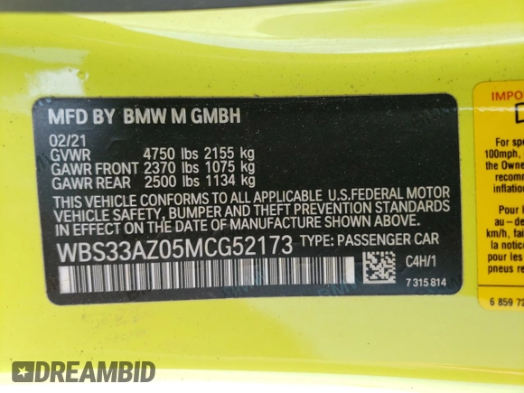 2021 BMW M4 Competition with VIN WBS33AZ05MCG52173, listed as a Copart auction lot 56218244 with 0 mi miles and Salvage Title. Bid and sale history available at carsss.com. Image 13.