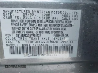 2022 Nissan Sentra SV with VIN 3N1AB8CV3NY301222, listed as a IAAI auction lot 39849053 with 15,695 mi miles. Bid and sale history available at carsss.com. Image 9.