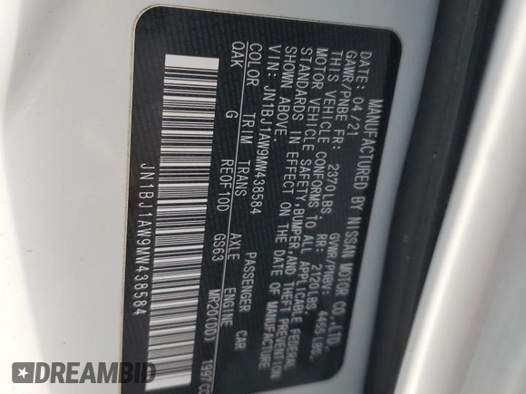 2021 Nissan Rogue S with VIN JN1BJ1AW9MW438584, listed as a Copart auction lot 52704625 with 59,338 mi miles and Salvage title. Bid and sale history available at DreamBid. Image 16.