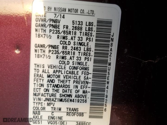 2014 Nissan Murano LE with VIN JN8AZ1MU5EW419256, listed as a Copart auction lot 87740975 with 71,515 mi miles and Salvage Title. Bid and sale history available at carsss.com. Image 13.