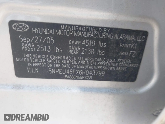 2006 Hyundai Sonata GLS with VIN 5NPEU46FX6H043799, listed as a IAAI auction lot 41344776 with 112,674 mi miles and . Bid and sale history available at DreamBid. Image 9.