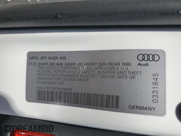 2023 Audi A5 Sportback Premium Plus with VIN WAUCBCF5XPA036078, listed as a Copart auction lot 57410534 with 12,848 mi miles and Salvage Title. Bid and sale history available at carsss.com. Image 13.