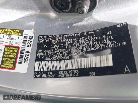 2013 Toyota Sienna LE AAS with VIN 5TDKK3DC4DS399295, listed as a IAAI auction lot 42173970 with 128,350 mi miles and . Bid and sale history available at DreamBid. Image 9.