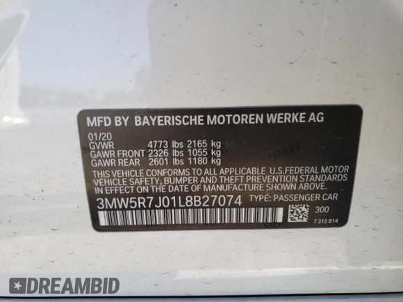2020 BMW 3 Series 330i xDrive with VIN 3MW5R7J01L8B27074, listed as a Copart auction lot 66832942 with Not Provided miles and . Bid and sale history available at DreamBid. Image 10.