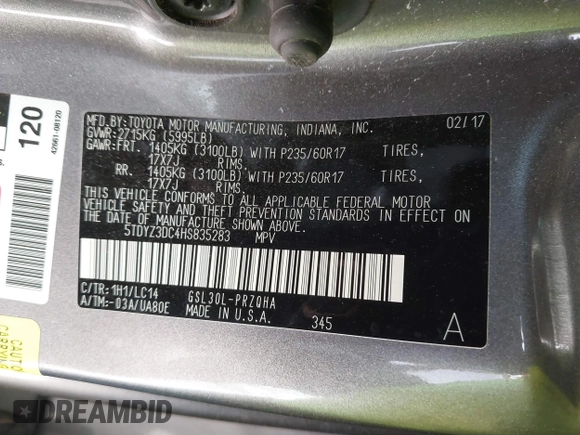 2017 Toyota Sienna XLE Auto Access Seat with VIN 5TDYZ3DC4HS835283, listed as a IAAI auction lot 41453798 with 78,510 mi miles and . Bid and sale history available at DreamBid. Image 9.