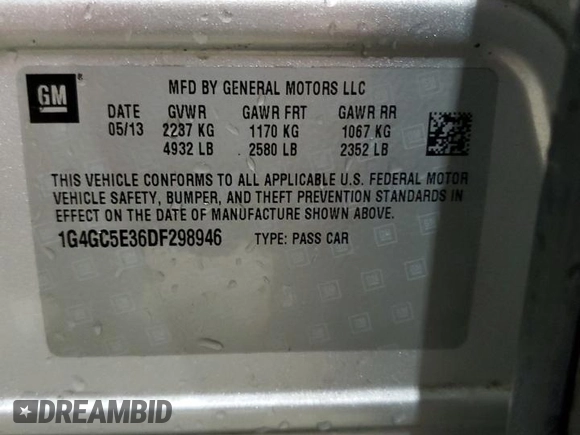 2013 Buick LaCrosse Leather с VIN 1G4GC5E36DF298946, выставлен на аукционе Copart как лот 57859015 с пробегом Не указан миль и На запчасти • Non repairable. История ставок и продаж доступна на DreamBid. Изображение 12.