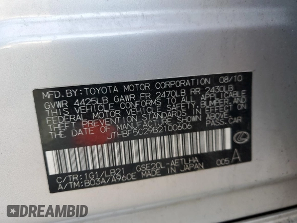 2011 Lexus IS 250 with VIN JTHBF5C29B2100606, listed as a Copart auction lot 52986805 with 193,286 mi miles and Salvage Title. Bid and sale history available at carsss.com. Image 13.
