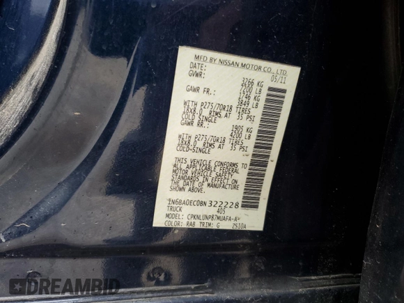 2011 Nissan Titan Pro-4X z VIN 1N6BA0EC0BN322228, wystawiony jako Copart lot #47617305 z przebiegiem 189 151 mil mil oraz Szkoda całkowita • Salvage title. Historia ofert i sprzedaży dostępna na DreamBid. Obrazek 14.