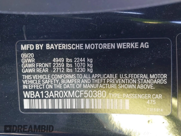 2021 BMW 4 Series M440i xDrive with VIN WBA13AR0XMCF50380, listed as a IAAI auction lot 41200404 with 26,102 mi miles and . Bid and sale history available at DreamBid. Image 9.