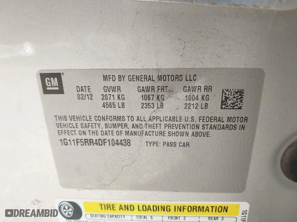 2013 Chevrolet Malibu ECO with VIN 1G11F5RR4DF104438, listed as a IAAI auction lot 41727935 with 91,533 mi miles. Bid and sale history available at carsss.com. Image 9.