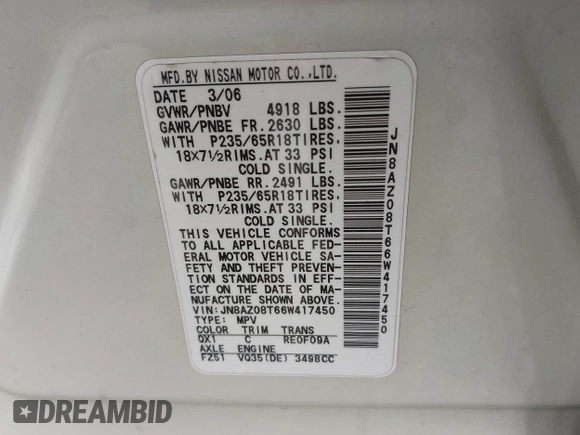 2006 Nissan Murano SL z VIN JN8AZ08T66W417450, wystawiony jako IAAI lot #42217030 z przebiegiem 256 082 mil mil oraz . Historia ofert i sprzedaży dostępna na DreamBid. Obrazek 9.