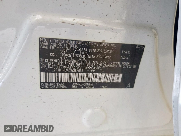 2015 Toyota RAV4 Limited z VIN 2T3DFREV7FW367653, wystawiony jako Copart lot #57214865 z przebiegiem 173 459 mil mil oraz Szkoda całkowita • Salvage title. Historia ofert i sprzedaży dostępna na DreamBid. Obrazek 14.