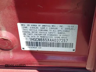 2004 Honda Accord EX with VIN 1HGCM665X4A037257, listed as a IAAI auction lot 42630108 with Not provided miles and . Bid and sale history available at DreamBid. Image 9.