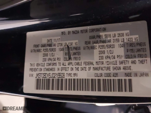 2018 Mazda CX-9 Grand Touring with VIN JM3TCBDY6J0216508, listed as a IAAI auction lot 41192901 with 60,366 mi miles. Bid and sale history available at carsss.com. Image 9.