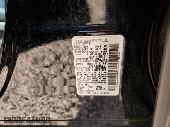 2015 Infiniti QX70 z VIN JN8CS1MW9FM481836, wystawiony jako Copart lot #57801425 z przebiegiem 130 011 mil mil oraz Szkoda całkowita • Salvage title. Historia ofert i sprzedaży dostępna na DreamBid. Obrazek 13.