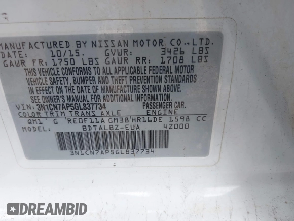 2016 Nissan Versa S with VIN 3N1CN7AP5GL837734, listed as a IAAI auction lot 41529623 with 107,925 mi miles. Bid and sale history available at carsss.com. Image 9.