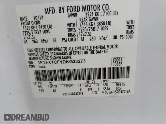 2013 Ford F-150 XL с VIN 1FTFX1CF1DKG33273, выставлен на аукционе Copart как лот 56221865 с пробегом 142 631 миль миль и Списание • Salvage title. История ставок и продаж доступна на DreamBid. Изображение 12.