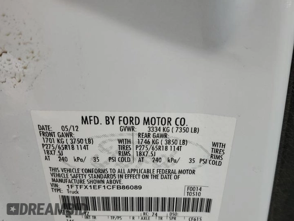 2012 Ford F-150 XL with VIN 1FTFX1EF1CFB86089, listed as a Copart auction lot 69566514 with 0 mi miles and Salvage Title. Bid and sale history available at carsss.com. Image 12.