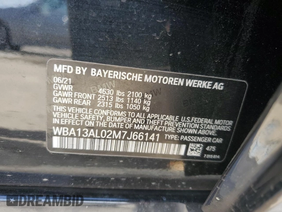 2021 BMW 2 Series M235i xDrive with VIN WBA13AL02M7J66141, listed as a Copart auction lot 44651015 with 22,656 mi miles and Salvage Title. Bid and sale history available at DreamBid. Image 13.