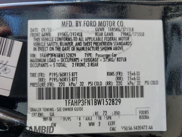 2011 Ford Focus SE with VIN 1FAHP3FN1BW152829, listed as a Copart auction lot 54385555 with 164,432 mi miles and Clean Title. Bid and sale history available at carsss.com. Image 12.