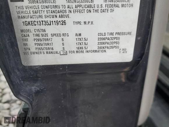 2005 GMC Yukon SLT z VIN 1GKEC13T35J119126, wystawiony jako Copart lot #47849455 z przebiegiem 301 785 mil mil oraz Szkoda całkowita • Salvage title. Historia ofert i sprzedaży dostępna na DreamBid. Obrazek 13.