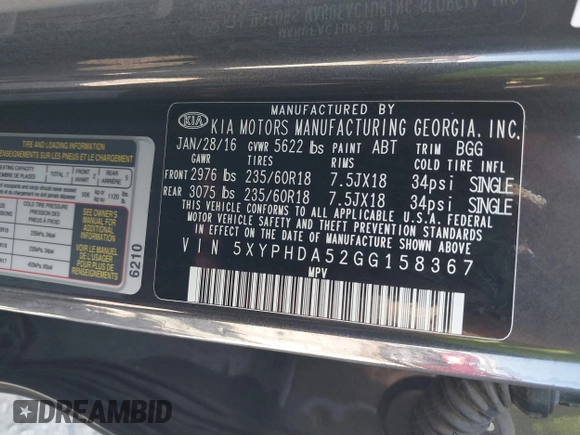 2016 Kia Sorento EX with VIN 5XYPHDA52GG158367, listed as a IAAI auction lot 42205813 with 188,654 mi miles and . Bid and sale history available at DreamBid. Image 9.