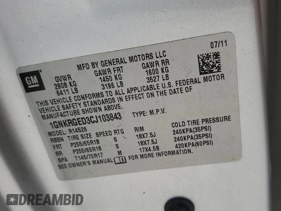 2012 Chevrolet Traverse 1LT with VIN 1GNKRGED3CJ103843, listed as a Copart auction lot 52217375 with Not Provided miles and Clean Title. Bid and sale history available at DreamBid. Image 13.