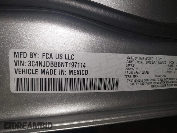 2022 Jeep Compass Latitude с VIN 3C4NJDBB6NT197114, выставлен на аукционе IAAI как лот 41052368 с пробегом 87 354 миль миль и . История ставок и продаж доступна на DreamBid. Изображение 9.