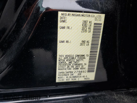 2013 Nissan Altima S with VIN 1N4BL3AP9DC279892, listed as a Copart auction lot 58919285 with 200,974 mi miles and Non repairable. Bid and sale history available at DreamBid. Image 12.