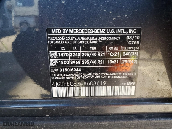 2010 Mercedes-Benz GL-Class GL 550 with VIN 4JGBF8GE3AA603619, listed as a Copart auction lot 46483975 with 58,770 mi miles and Salvage Title. Bid and sale history available at carsss.com. Image 14.