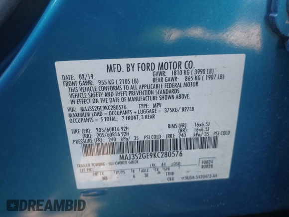 2019 Ford EcoSport SE with VIN MAJ3S2GE9KC280576, listed as a IAAI auction lot 42103070 with 50,018 mi miles and . Bid and sale history available at DreamBid. Image 9.