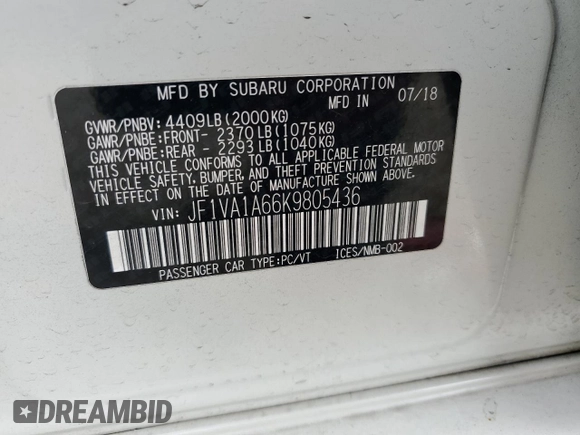 2019 Subaru WRX with VIN JF1VA1A66K9805436, listed as a Copart auction lot 47318415 with 62,510 mi miles and Salvage Title. Bid and sale history available at DreamBid. Image 12.