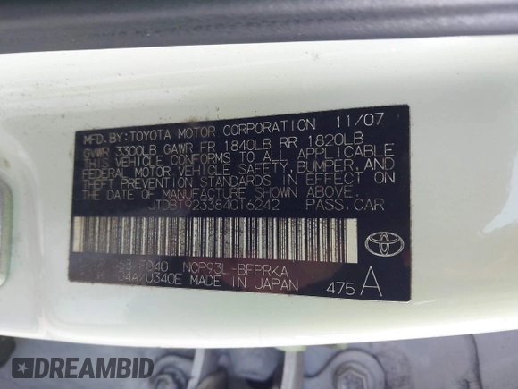 2008 Toyota Yaris with VIN JTDBT923384016242, listed as a IAAI auction lot 42053122 with 189,424 mi miles. Bid and sale history available at carsss.com. Image 9.