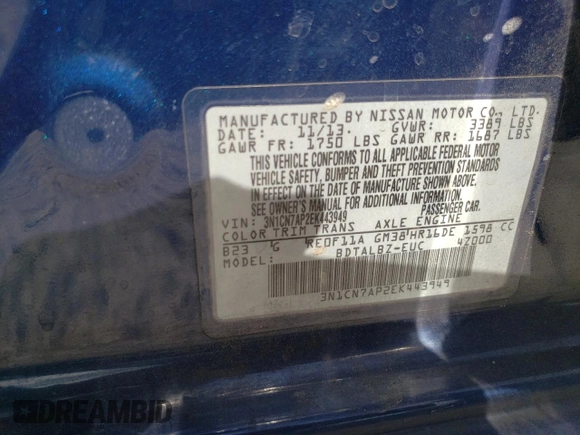 2014 Nissan Versa SV with VIN 3N1CN7AP2EK443949, listed as a Copart auction lot 55797295 with 200,124 mi miles and Salvage Title. Bid and sale history available at DreamBid. Image 12.