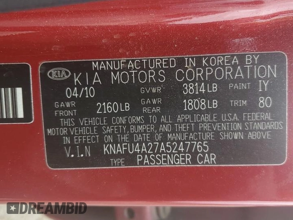2010 Kia Forte EX with VIN KNAFU4A27A5247765, listed as a Copart auction lot 70621554 with 164,761 mi miles and Clean Title. Bid and sale history available at carsss.com. Image 12.