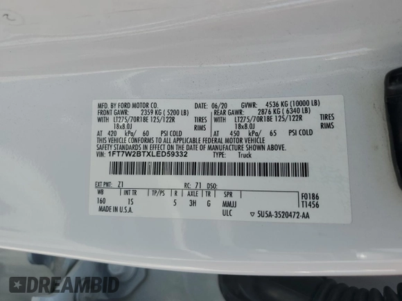 2020 Ford F-250 XL с VIN 1FT7W2BTXLED59332, выставлен на аукционе Copart как лот 57712585 с пробегом 97 358 миль миль и Списание • Salvage title. История ставок и продаж доступна на DreamBid. Изображение 12.
