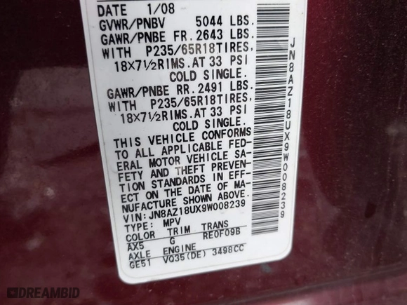2009 Nissan Murano S with VIN JN8AZ18UX9W008239, listed as a IAAI auction lot 41259533 with 150,050 mi miles. Bid and sale history available at carsss.com. Image 9.