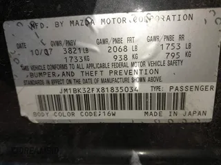 2008 Mazda 3 i Touring z VIN JM1BK32FX81835034, wystawiony jako IAAI lot #42321184 z przebiegiem 164 528 mil mil oraz . Historia ofert i sprzedaży dostępna na DreamBid. Obrazek 9.