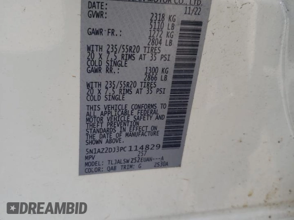 2023 Nissan Murano Platinum z VIN 5N1AZ2DJ3PC114829, wystawiony jako Copart lot #51011075 z przebiegiem 60 729 mil mil oraz Szkoda całkowita • Salvage title. Historia ofert i sprzedaży dostępna na DreamBid. Obrazek 14.