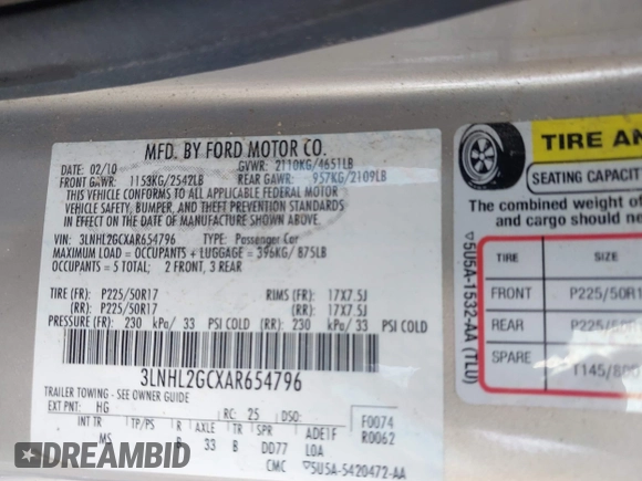 2010 Lincoln MKZ with VIN 3LNHL2GCXAR654796, listed as a IAAI auction lot 42452744 with 127,053 mi miles and . Bid and sale history available at DreamBid. Image 9.