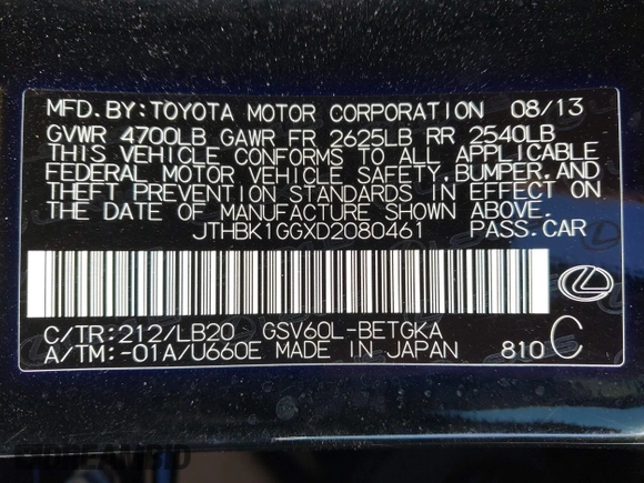 2013 Lexus ES 250 with VIN JTHBK1GGXD2080461, listed as a IAAI auction lot 41684663 with 78,825 mi miles and . Bid and sale history available at DreamBid. Image 9.
